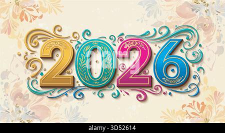 Festliches Happy New Year 2026 Bannerdesign mit goldenem Konfetti und leuchtendem Hintergrund Stock Vektor
