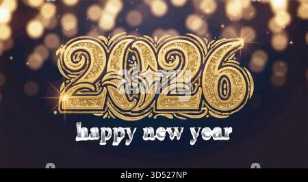 Festliches Happy New Year 2026 Bannerdesign mit goldenem Konfetti und leuchtendem Hintergrund Stock Vektor
