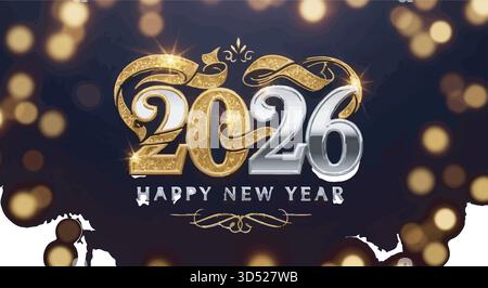 Festliches Happy New Year 2026 Bannerdesign mit goldenem Konfetti und leuchtendem Hintergrund Stock Vektor