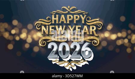 Festliches Happy New Year 2026 Bannerdesign mit goldenem Konfetti und leuchtendem Hintergrund Stock Vektor