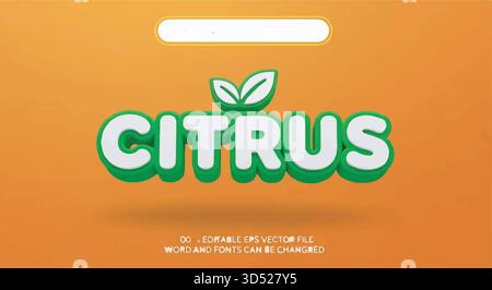 3D-Text-Rendering des Wortes „ZITRUS“ mit grünem Blatt-Logo auf leuchtendem orangefarbenem Hintergrund für Branding Stock Vektor