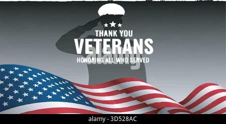 „Danke you Veterans“-Banner mit der Silhouette des Soldaten und der schwenkenden US-Flagge Stock Vektor