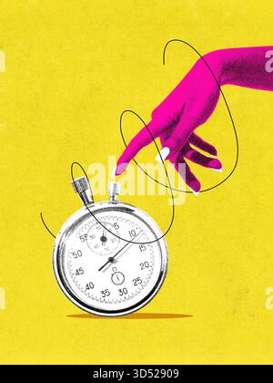 Buntes Poster. Vintage-Stoppuhr mit ausdrucksstarker Hand im auffälligen Fotokopierstil. Stockfoto