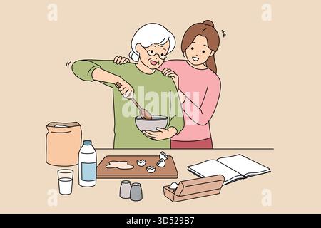 Seniorin unterrichtet der Tochter das Backen, Hausküche-Coaching Stock Vektor