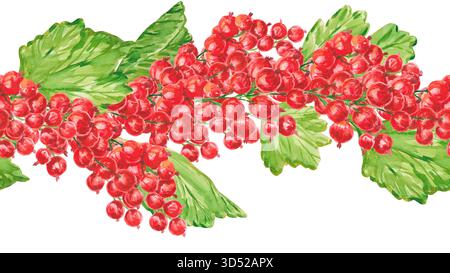 Rote Johannisbeere. Aquarellfarben Sommer nahtlose Grenze mit roten Johannisbeeren isoliert auf weiß. Wiederholbares Design für Verpackungen, Textilien Stockfoto