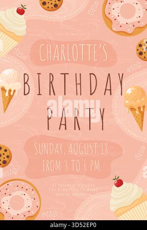 Süßes Dessert Mädchen Geburtstagsfeier Vertikale Einladungsvorlage. Stock Vektor