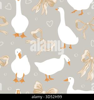 Nahtloses Muster mit beigen Schleifen und Gänsevögeln. Niedliches Kinderzimmer und mädchenhafter Hintergrund. Vektorabbildung Stock Vektor