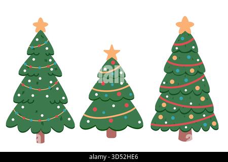 Set mit Weihnachtsclips. Sammlung von Silvestersymbolen mit einem Weihnachtsbaum. Niedliche festliche Illustrationen. Winterurlaub Set. Stock Vektor