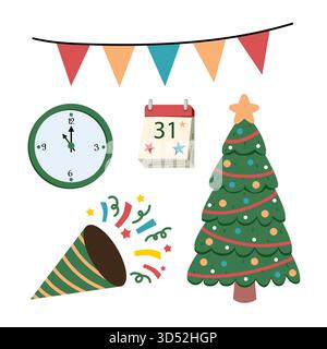 Set mit Weihnachtsclips. Eine Sammlung von Silvestersymbolen, darunter ein Weihnachtsbaum, eine Girlande und Feuerwerkskörper. Niedliche festliche Illustrationen. Winterurlaub Stock Vektor