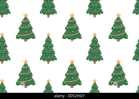 Einfaches festliches nahtloses Muster mit einem Weihnachtsbaum, der mit Girlanden und Sternen verziert ist. Handgezeichnete Designelemente. Frohe Feiertage. Stock Vektor