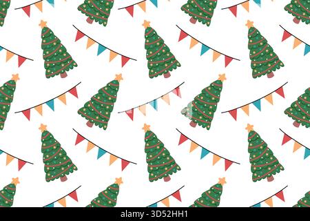 Nahtloses Weihnachtsmuster mit einem Neujahrsbaum, Girlanden und Sternen. Handgezeichnete Designelemente. Frohe Feiertage. Stock Vektor