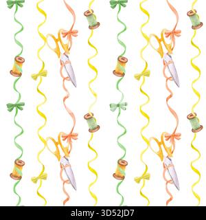 Nahtloses Muster von Nähscheren und Fadenspulen auf gelben, grünen und orangen Bändern und Schleifen. Nähmuster für Textil- und Wickelpapiere Stockfoto