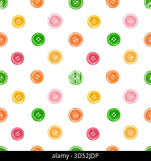 Nahtloses Muster aus bunten gelben, grünen, orangefarbenen und magentafarbenen Nähknöpfen. Schneiderwerkstatt. Schneiderei. Handgezeichnete Aquarellillustration für Stockfoto