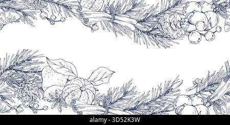 Ein nahtloses horizontales Weihnachtsmuster mit Tannenzweigen und -Kegeln, Gewürzen, Mandarinen, Baumwolle und Beeren. Abbildung einer grafischen Linie Stock Vektor