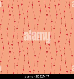 Valentinstag-Muster mit Herzen auf geschwungenen Wellenlinien, Doodle-Stil. Warmes zartes Rosa und roter Hintergrund. Verpackung, Textilien, Hintergrund. Vektorillust Stock Vektor