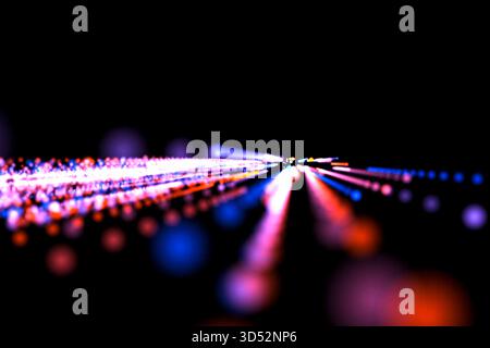 Strahlen und Lichter von rot und blau vom Zentrum zum Beobachter. Stockfoto