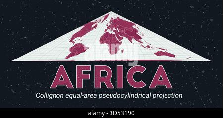 Afrika. Weltkarte. Collignon-EQUAL Area pseudozylindrische Projektion mit Schwerpunkt Afrika. Helle mintfarbene und dunkelrosa Farbpalette. Vintage-Textur. Stock Vektor