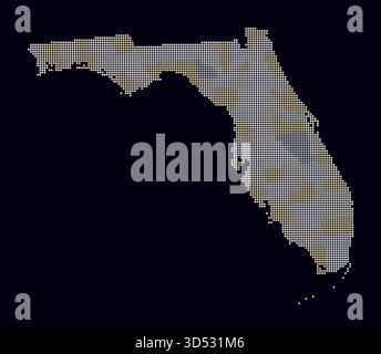 Florida gepunktete Karte. Digitale Karte des Status auf dunklem Hintergrund. Florida-Form mit kreisförmigen Punkten. Farbige Punkte. Kleine Kreise. Stock Vektor