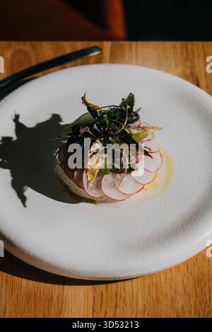 Ein Teller mit Lebensmitteln mit einer Garnitur aus Grün und Radieschen. Der Teller ist weiß und das Essen ist so angeordnet, dass es appetitlich aussieht Stockfoto