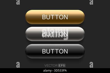 Schlanke metallische UI-Tasten für modernes Webdesign. Gold-, Silber- und schwarze Oberflächenelemente für die Web- und App-Entwicklung. Vektorabbildung. Stock Vektor