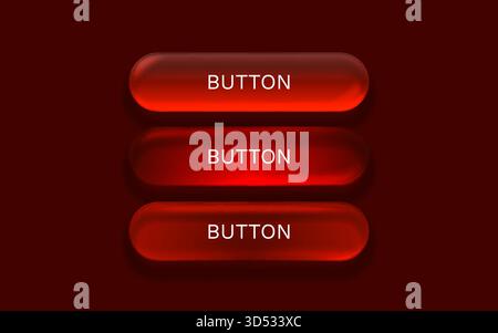Modern UI buttons. Three glossy red action elements on dark background, ideal for web and app design. Vector illustration Stock Vektor
