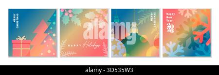 Frohe Weihnachten und Happy Holidays kreatives Glückwunschkarten-Set mit Aquarellen. Moderner weihnachtsbaum, Geschenk, stechpalmenbeere und Weihnachtsball. Frohes Neues Jahr 2026 Stock Vektor