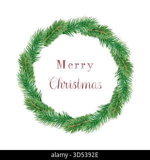 Weihnachtlicher Aquarellrundkranz aus Fichtenzweigen. Winterkranz aus grünen Nadelzweigen, traditionelles Weihnachtsdekor. Weihnachtshintergrund für Grußkarten. Runder Rahmen mit Leerzeichen für Text. Stockfoto