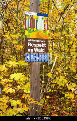 Regensdorf, Schweiz - 10. Oktober 2025: Zeichen in einem Wald, in dem Respekt vor Wildtieren gefordert wird, umgeben von Herbstlaub. Stockfoto