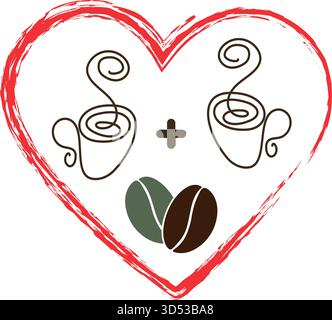 Handgezeichnete Kaffeetassen mit Kaffeebohnen und Herzform gerahmtes Love Coffee Concept Minimalist Flat. Isolierte Vektor-Illustration Kaffee thematische Werbe- oder Menükarten Social Media Post, Banner Stock Vektor