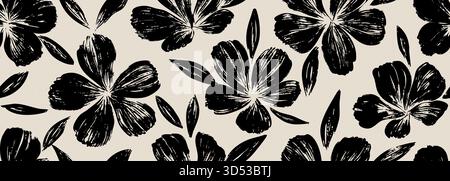 Blätter Zweig und handgezeichnete Doodle Scribble Blumenpflanzen Banner, nahtloses Muster. Kreativer minimalistischer abstrakter Kunsthintergrund Stock Vektor