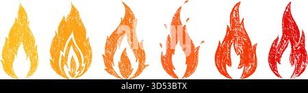 Zeichensammlung mit den roten Feuerflammen. Handgezeichnete Doodle-Flammen-Aufkleber. Punk- oder Rock-Stil. Brennende Vektorsymbole, Feuerflammensymbol Stock Vektor