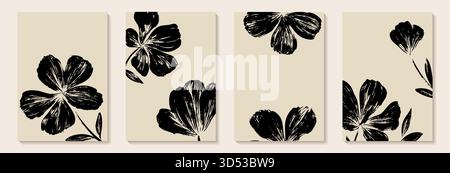 Scribble Blumenpflanzen Banner Malerei Blumen und Blätter Hintergrund Vektor. Kreatives minimalistisches Tapetendesign mit handgezeichneten Retro-Blumen Stock Vektor
