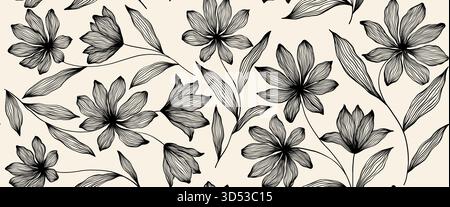 Blätter Zweig und handgezeichnete Doodle Scribble Blumenpflanzen Banner, nahtloses Muster. Kreativer minimalistischer abstrakter Kunsthintergrund. Stock Vektor