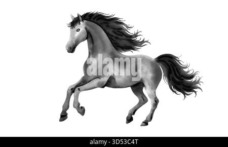 Nasses Aquarell schwarz-weiß galoppierendes Pferd in dynamischer Pose. Symbol des chinesischen Neujahrs 2026. Designelement für Postkarten, Karten Stock Vektor