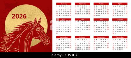 Kalender 2026. 12 Monate, ab Sonntag. Horizontaler roter Kalender 2026 Chinesisches Neujahrsfest des Roten Feuerpferdes Banner mit moderner Linie Stock Vektor