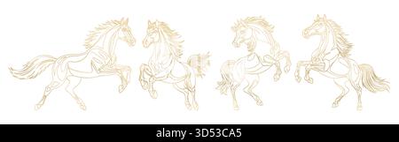 Line Art Gold Pferd in dynamischer Pose. Symbol des chinesischen Neujahrs 2026. Das Pferd steht auf den Hinterbeinen. Designelement für Karten, Postkarten Stock Vektor