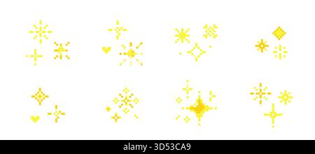 Pixelset Funken, Retro-Spielsterne, skurrile y2k-8-Bit-Elemente. Glitzernde Funkeln, Feuerwerk Ästhetik der 90er Jahre. Sammlung funkelnder Sterne Pixel-Kunst. Vektorabbildung Stock Vektor