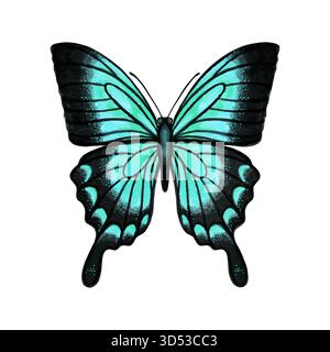 AquarellSchmetterling Papilio blumei mit symmetrischen offenen Flügeln isoliert auf weißem Hintergrund, detailliertes tropisches Insekt, Aquarellstil. Stock Vektor