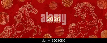 2026 Chinesisches Neujahr des Roten Feuerpferdes Banner Vorlage mit moderner Linie Kunst Goldenes Pferd auf rotem Hintergrund. Gestalten Sie Die Grußkarte „Happy Holidays“ Stock Vektor