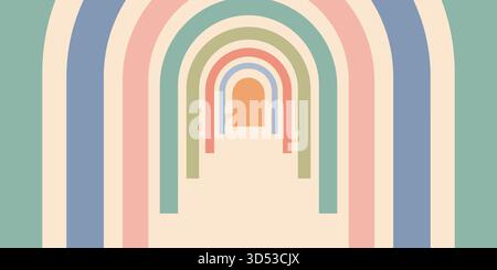 Psychedelischer Hintergrund mit bunten Bögen in pastellfarbenen Retro-Tönen. Grooviges abstraktes Rahmendesign mit geschwungenen Linien für Poster, Tapeten, Drucke und Stock Vektor