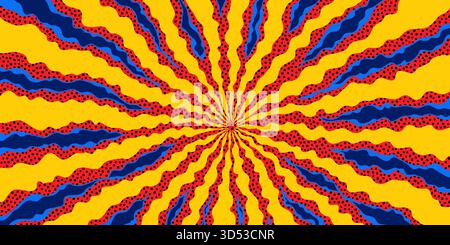 Comic-Effekt Hintergrund mit roten, blauen und gelben Feuerstrahlen, die abstrakten Sonnenstrahlen bilden. Komisches Radialstrahlmuster mit dynamisch gepunktetem Muster Stock Vektor