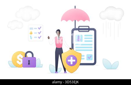 Geschäftsmann hält Schild unter Schirm mit Versicherungsdokument, Sicherheitsschloss, Checkliste und Finanzsymbolen für Risikomanagement und Sicherheit isoliert auf weißem Hintergrund Vektorillustration Stock Vektor