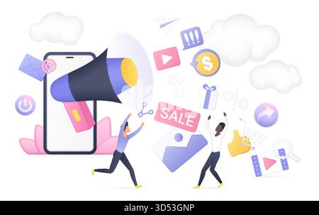 Digitale Marketingstrategie Megaphon Smartphone Verkauf Icons Menschen, die Online-Geschäft werben perfekte Werbung E-Commerce Social Media Kampagnen isolierte weiße Hintergrund Vektor-Illustration. Stock Vektor