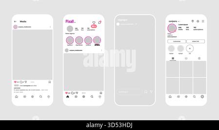 Moderne Vorlage für Social Media-Apps mit Profil-, Feed- und Hervorhebungsbildschirmen für UI-UX-Design, Mockup und Präsentationsprojekte isoliert auf weißem Hintergrund Vektorillustration Stock Vektor