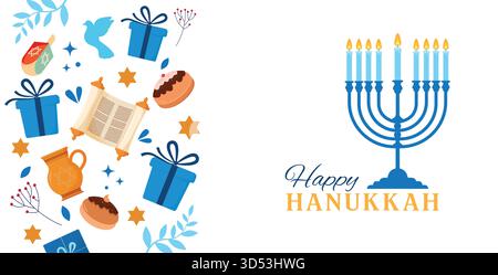 Happy Hanukkah, traditionelles jüdisches Winterfahnbanner mit festlichen Symbolen, Donuts, Ölglas, Menora, Tora-Schriftrolle, und Geschenke. Gut zum Begrüßen Stock Vektor
