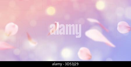 Rosafarbene Sakura-Blüten, die mit Bokeh-Hintergrund der Frühlingsblume schweben, und weiche, verschwommene Sonne funkelt für ein romantisches Design. Traumhafter Pastellverlauf mit goldenen Glitzern. Zarte Kirschblütenelemente. Stock Vektor