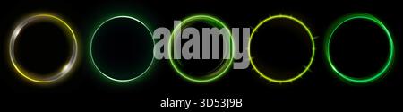 Neon-Halo-Ringe mit grünem und gelbem Leuchten für futuristisches Interface oder Gaming-Design. Kreisförmige Rahmen auf dunklem Hintergrund mit lebendigem Beleuchtungseffekt. Cyberpunk Portal Elements Kollektion. Stock Vektor