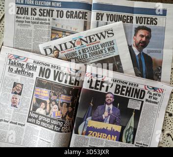 Stillleben vom November 2025 New York Boulevardzeitungen Berichterstattung über die Bürgermeisterwahl Zohran Mamdani in New York City, USA Stockfoto