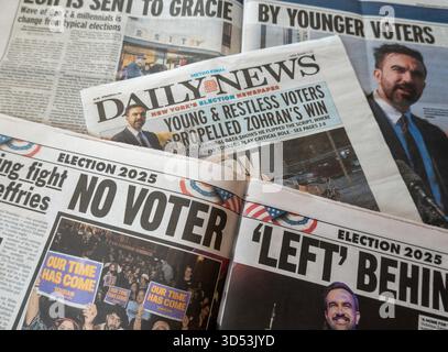 Stillleben vom November 2025 New York Boulevardzeitungen Berichterstattung über die Bürgermeisterwahl Zohran Mamdani in New York City, USA Stockfoto