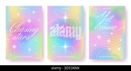 Hintergrund des Posters mit Y2K-Farbverlauf in Regenbogenpastellfarben und abstrakten holografischen, körnigen Texturen. Motivierende Typografie mit funkelnden Sternen in traumhaften Hintergrundbildern oder Social-Media-Designs. Stock Vektor